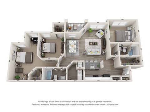 Floor plan for 3 beds, 2 baths, 1350 sqft